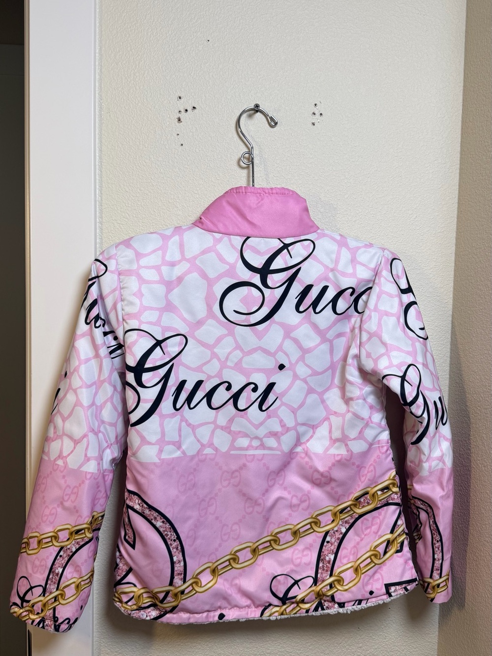 Gucci Minnie Mouse Pink & Black Logo Chain-Print Bomber Jacket